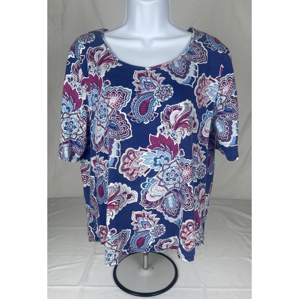 CHICOS WOMENS SIZE 2 BLUE PAISLEY FLORAL TOP SHORT SLEEVE HI-LO.HEM COTTON MODAL